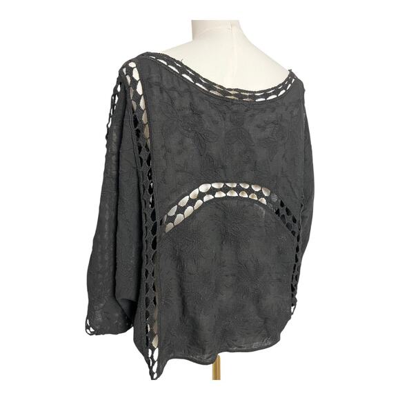 Womens Black Boho Cutout Top Floral Batwing Laser cut OS Tie Front Witchy - Picture 9 of 11